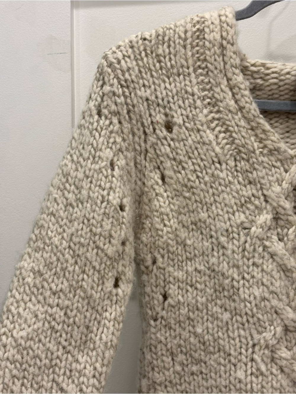 Vintage GAP Cream Wool Cable-Knit V-Neck Sweater w/ Hood - Picture 3 of 7